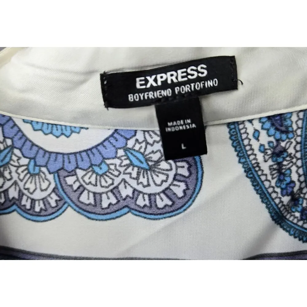 Express Portofino Shirt Womens Large Blue Paisley Striped Oversized Career Satin - Picture 8 of 8